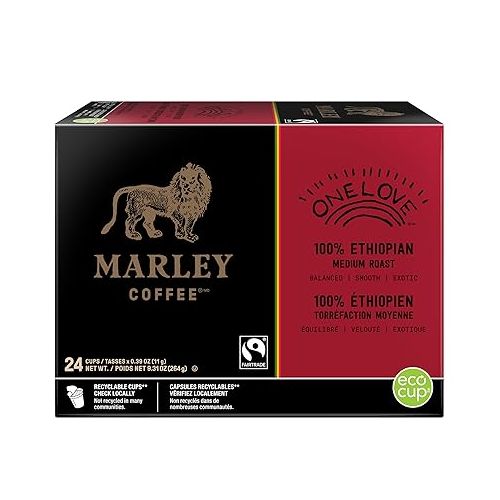  Marley Coffee One Love, 100% Ethiopian, Medium Roast Coffee, Keurig K-Cup Brewer Compatible Pods, 24 Count