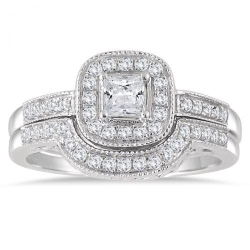  Marquee Jewels 10k White Gold 58ct TDW Diamond Halo Bridal Set by Marquee Jewels