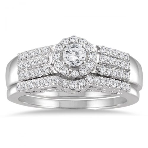  Marquee Jewels 10k White Gold 34ct TDW Diamond Halo Bridal Set by Marquee Jewels