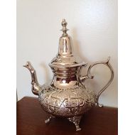 Marrackech Decor Moroccan Tea Pot Handmade Serving X-Large Brass Silver Plated Hand Carved In Fes Morocco
