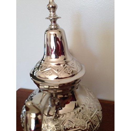  Marrackech Decor Moroccan Tea Pot Handmade Serving X-Large Brass Silver Plated Hand Carved In Fes Morocco