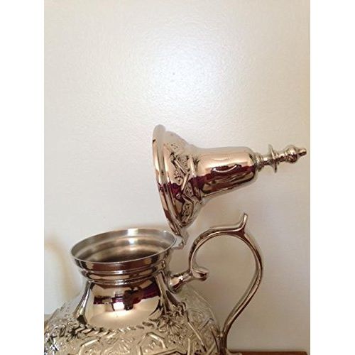  Marrackech Decor Moroccan Tea Pot Handmade Serving X-Large Brass Silver Plated Hand Carved In Fes Morocco