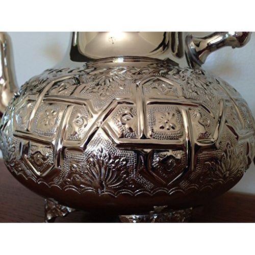  Marrackech Decor Moroccan Tea Pot Handmade Serving X-Large Brass Silver Plated Hand Carved In Fes Morocco