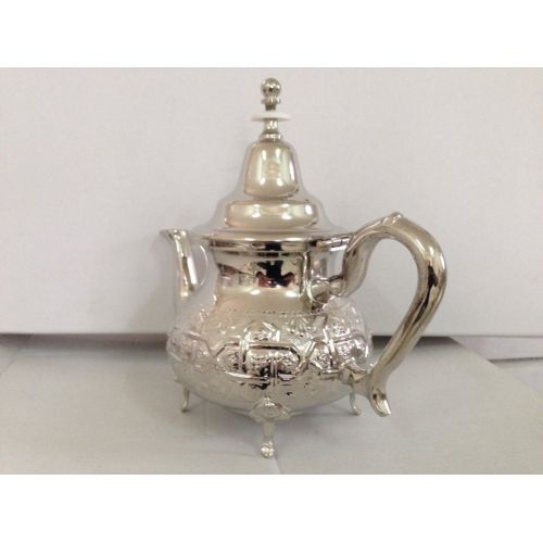  Marrackech Decor Moroccan 4 Cups Tea Pot W/ 4 Welded Legs Handmade Serving Small Brass Silver Plated Teapot Hand Carved in Fez Morocco