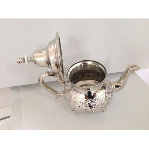  Marrackech Decor Moroccan 4 Cups Tea Pot W/ 4 Welded Legs Handmade Serving Small Brass Silver Plated Teapot Hand Carved in Fez Morocco