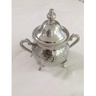 Marrackech Decor Moroccan Small Sugar Bowl Container for Tea Pot Set Handmade Brass Silver Plated Teapot Hand Carved In Fes Morocco