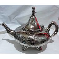 Marrackech Decor Moroccan Large Tea Pot Handmade Serving Brass Silver Plated Hand Carved In Fes Morocco