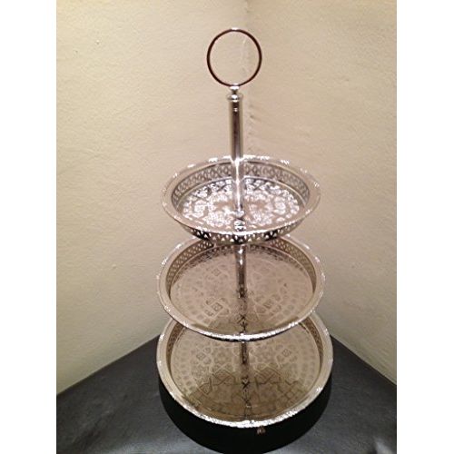  Marrackech Decor Authentic Handmade Moroccan 3 Tier Silver Plated Brass Hand hammered Cookies Tray Cake Stand Modern Design