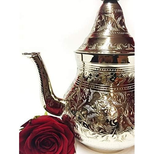 Marrakesch Orient & Mediterran Interior Marokkanische Teekanne aus Messing versilbert 1000ml mit Sieb und Kunststoffgriff | Orientalische Kanne Abidin 1L silberfarbig mit Deckel | Verschiedene Groessen | (1000ml)