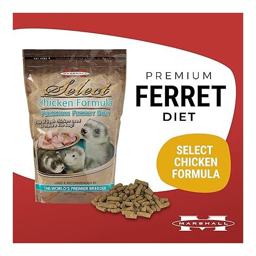 마샬 Marshall Pet Products Natural Complete Nutrition Premium Ferret Diet Food Select Chicken Formula with 3lbs of Fresh Chicken, Highly Digestible, 4 lbs