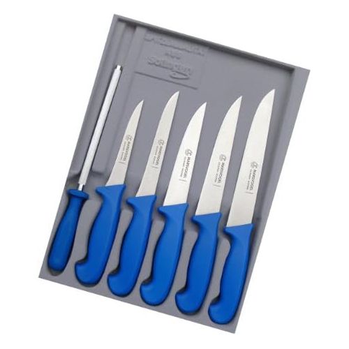  Schlachtermesser Set 6 tlg. GSK blau Marsvogel Solingen # 100614 Metzgermesser Set bestehend aus: Stechmesser 6 7 8 Ausbeiner 5 6 + Wetzstahl