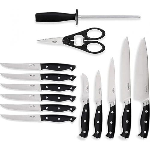  Martha Stewart Greeley 14 pc Triple- Riveted Cutlery Knife Acacia Wood Block Set w/Comfort Grip Handles- Black