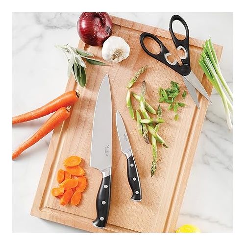  Martha Stewart Greeley 14 pc Triple- Riveted Cutlery Knife Acacia Wood Block Set w/Comfort Grip Handles- Black