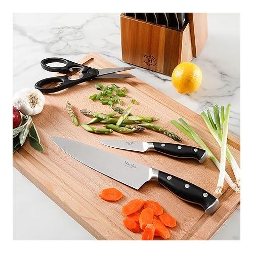  Martha Stewart Greeley 14 pc Triple- Riveted Cutlery Knife Acacia Wood Block Set w/Comfort Grip Handles- Black