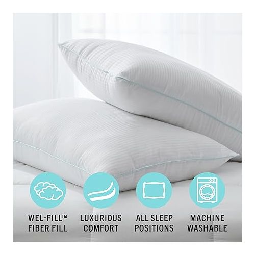  MARTHA STEWART Down Alternative Pillows King Size Set Of 2, Plush Cooling Pillow for Back, Stomach or Side Sleepers, Memory Foam-Like Fiber Fill, Dobby Stripe, 20