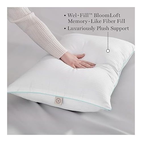  MARTHA STEWART Down Alternative Pillows King Size Set Of 2, Plush Cooling Pillow for Back, Stomach or Side Sleepers, Memory Foam-Like Fiber Fill, Dobby Stripe, 20