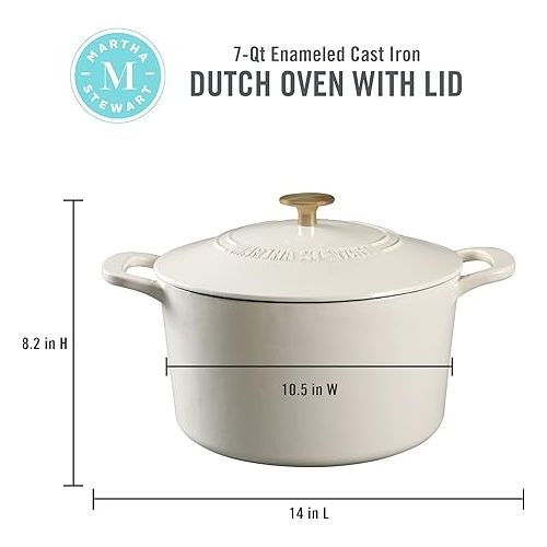  MARTHA STEWART Gatwick 7 QT Enamel Cast Iron Dutch Oven, Linen w/Gold Knob