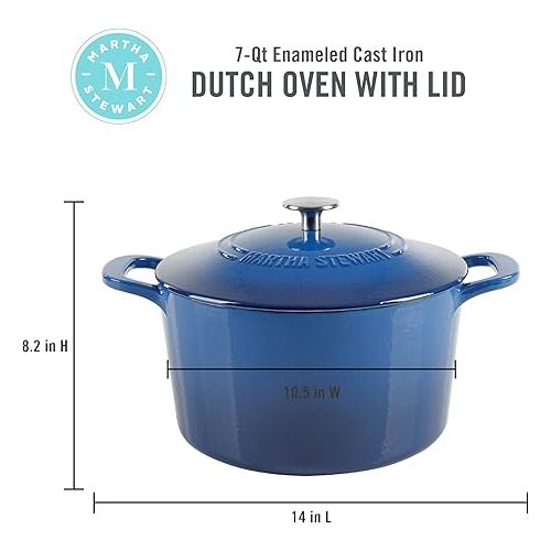  MARTHA STEWART Gatwick 7 QT Enamel Cast Iron Dutch Oven, Classic Blue