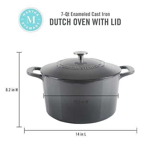  MARTHA STEWART Gatwick 7 QT Enamel Cast Iron Dutch Oven, Classic Grey