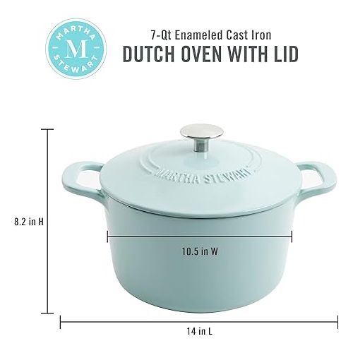  MARTHA STEWART Gatwick 7 QT Enamel Cast Iron Dutch Oven, Martha Blue