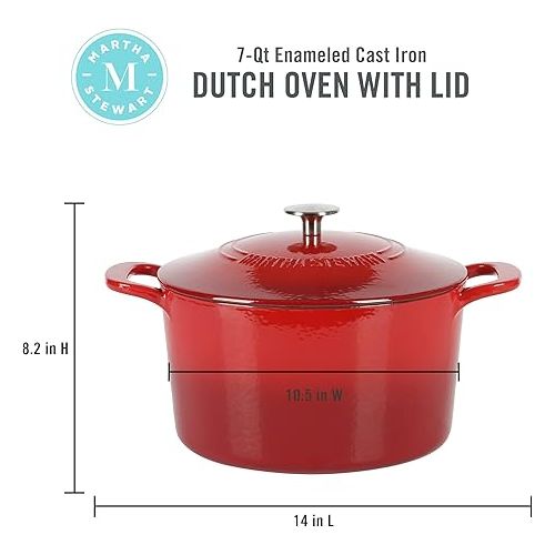  MARTHA STEWART Gatwick 7 QT Enamel Cast Iron Dutch Oven, Red Ombre