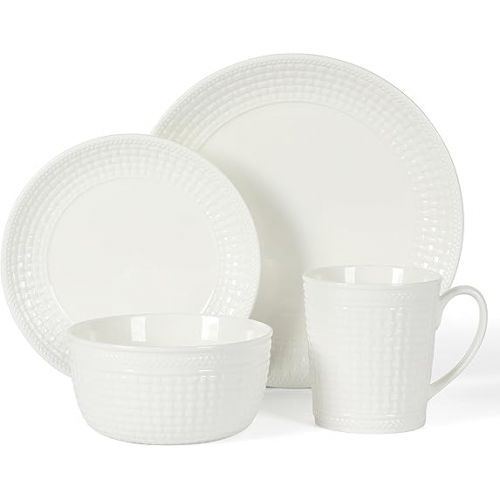  Martha Stewart 16 Piece Basket Weave New Bone China Embossed Porcelain Chip and Scratch Resistant Dinnerware Set