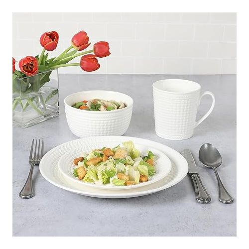  Martha Stewart 16 Piece Basket Weave New Bone China Embossed Porcelain Chip and Scratch Resistant Dinnerware Set