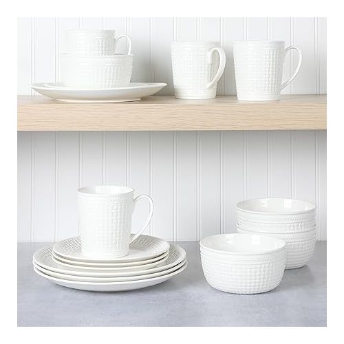  Martha Stewart 16 Piece Basket Weave New Bone China Embossed Porcelain Chip and Scratch Resistant Dinnerware Set