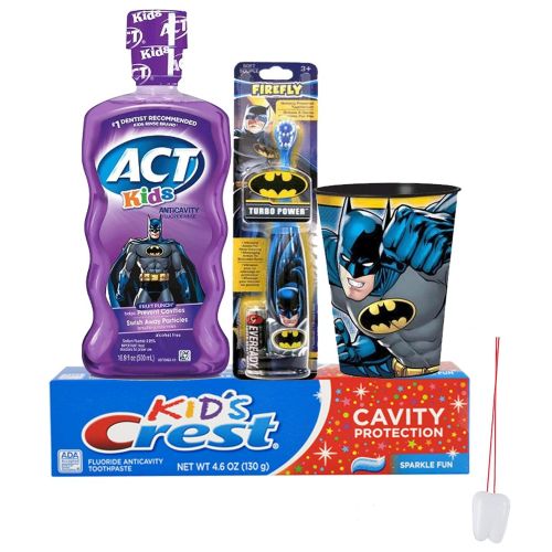 마블시리즈 Marvel Batman Super Hero 4pc Bright Smile Oral Hygiene Set! Batman SpinToothbrush, Crest Kids Toothpaste,...