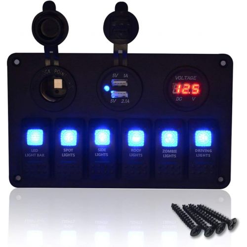  MASO 6 Gang Marine Boating Rocker Switches Panel LED Light Bar with Volt Meter USB for Truck, Jeep, Boat, Marine