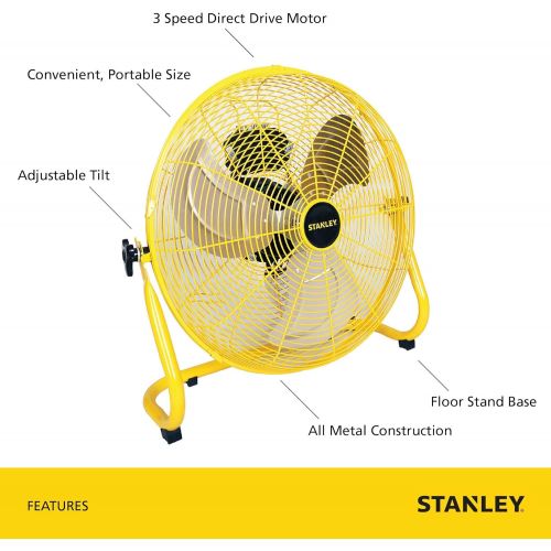 스텐리 Stanley 20 Inch Industrial High Velocity Floor Fan - Direct Drive, All-Metal Construction, 3 Speed Settings, Portable (ST-20F)