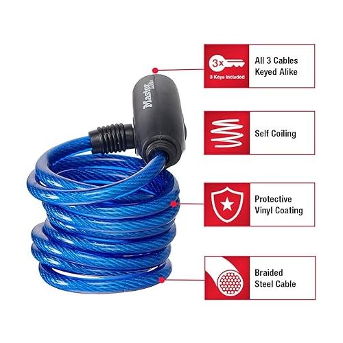  Master Lock Bike Lock Cables with Key, Blue, Green, and Red 3-Pack of Keyed-Alike Bicycle Cable Locks, 6 ft. Long, 8127TRI