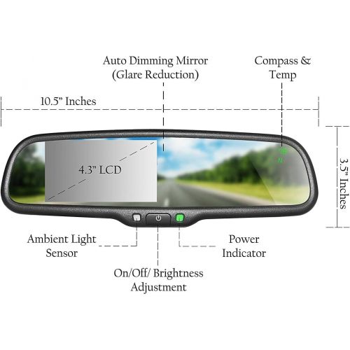  [아마존베스트]Master Tailgaters OEM Rear View Mirror with Ultra Bright 4.3 Auto Adjusting Brightness LCD + Auto Dimming Mirror + Compass & Temperature - Universal Fit (Complete Replacement)