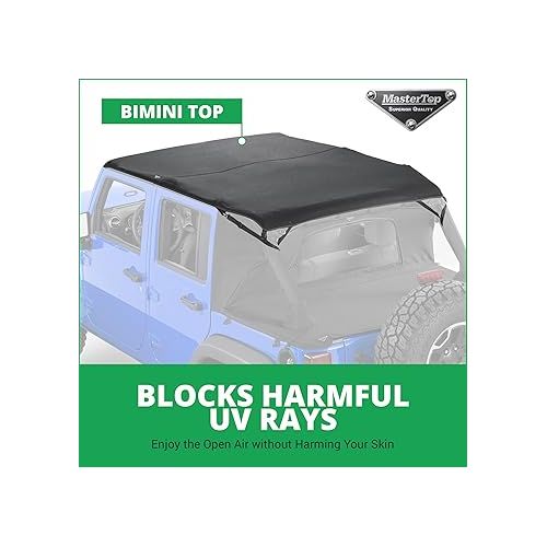  MasterTop 3-Piece Ultimate Summer Soft Top Combo - Bimini Soft Top, Wind Stopper Cab Curtain, and Tonneau Deck Cargo Cover - Fits Jeep Wrangler JK JKU Unlimited 4-Door 2010-2018 - Black MasterTwill