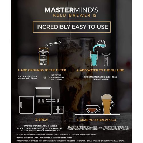  Mastermind Kold Brew Patented Iced Coffee Maker by Mastermind: Premium, Unique Cold Brew Maker & Coffee Mug. 1L Stainless Steel Tumbler + Magnetic Lid + Coffee Filter. Travel Mug & Tea Infuser / Iced C