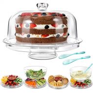 Mastertop Big Size 6-in-1 Acrylic Plastic Cake Stand with Domed Cover and 2Pcs Spoons and Multifunction Desserts Salad Plate Bowl 12.6X6.6X12.6In