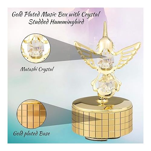  Matashi Gift for Her - Hummingbird Music Box Playing Swan Lake - 24K Gold Plated Crystal Studded Gift for Mom - Ideal Idea - Music Boxes for Women