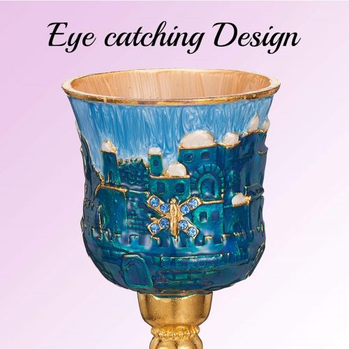  [아마존베스트]Matashi Hand-Painted Enamel Tall 5 Kiddush Cup Set with Stem and Tray Embellished with Crystals, Jerusalem Cityscape for Weddings Shabbat Havdalah Passover Goblet Judaica Gift for