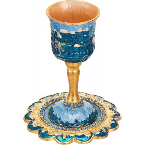  [아마존베스트]Matashi Hand-Painted Enamel Tall 5 Kiddush Cup Set with Stem and Tray Embellished with Crystals, Jerusalem Cityscape for Weddings Shabbat Havdalah Passover Goblet Judaica Gift for