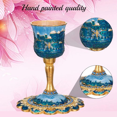  [아마존베스트]Matashi Hand-Painted Enamel Tall 5 Kiddush Cup Set with Stem and Tray Embellished with Crystals, Jerusalem Cityscape for Weddings Shabbat Havdalah Passover Goblet Judaica Gift for
