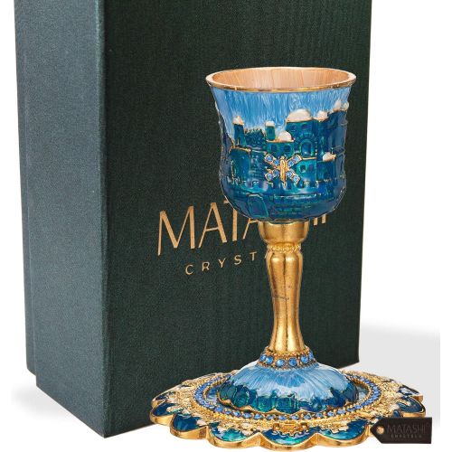  [아마존베스트]Matashi Hand-Painted Enamel Tall 5 Kiddush Cup Set with Stem and Tray Embellished with Crystals, Jerusalem Cityscape for Weddings Shabbat Havdalah Passover Goblet Judaica Gift for