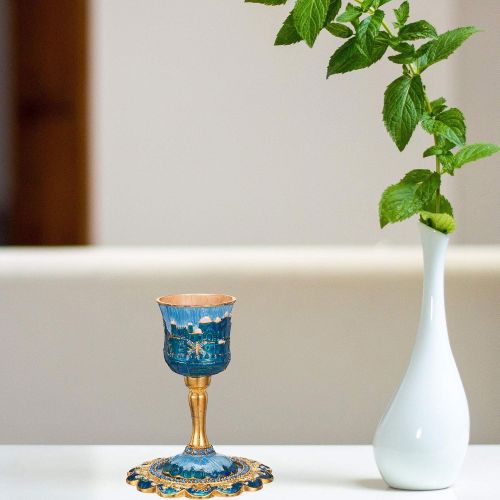  [아마존베스트]Matashi Hand-Painted Enamel Tall 5 Kiddush Cup Set with Stem and Tray Embellished with Crystals, Jerusalem Cityscape for Weddings Shabbat Havdalah Passover Goblet Judaica Gift for