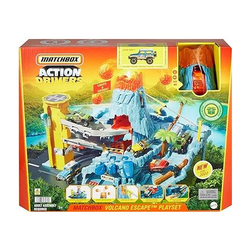  Matchbox Cars Playset, Action Drivers Volcano Escape with 1 Toy Car, Kid- & Car-Activated Features, Lava Explosion