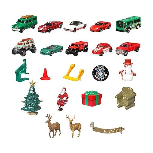  Matchbox Cars Advent Calendar, Mix of 10 Die-Cast 1:64 Scale Toy Cars, Trucks or Buses, 14 Accessories & Playmat (Styles May Vary)