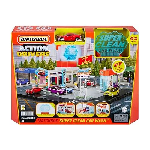  Matchbox Toy Car Playset, Action Drivers Super Clean Car Wash with 1 Chevrolet Corvette in 1:64 Scale, Lights & Sounds, Connects to Other Sets