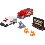 Matchbox Hitch & Haul Die-cast Vehicle Playset - Fire Rescue ~ 6 Piece Set ~ Hazmat Response Truck and Ambulance ~ Includes Firefighters, Billboard Sign and 2 Safety Barriers