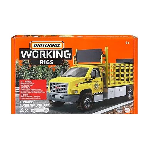  Matchbox Working Rigs 4-Pack, Set of 4 Toy Construction Trucks & Equipment with Moving Parts (Styles May Vary)