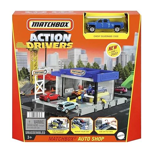  Matchbox Action Drivers Auto Shop Playset with 1 Chevy Silverado, Moving Parts & Figures, Toy for Kids 3 Years Old & Up