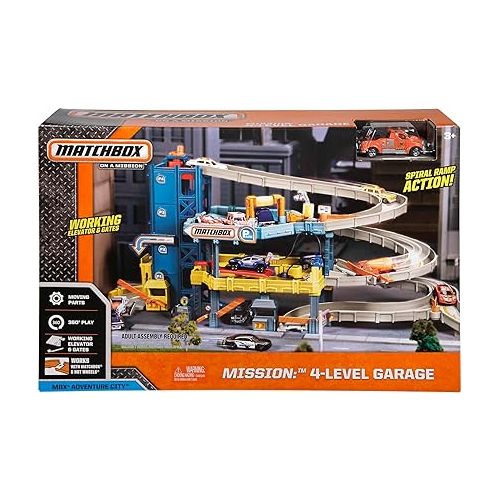  Matchbox Cars Playset, 4-Level Toy Garage & Tow Truck in 1:64 Scale, Kid-Powered Elevator, Car Repair Station & Spiral Ramp