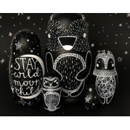 Matreshkamania STAY WILD moon child - 5 black and white wooden handpainted russian nesting dolls / matryoshka dolls / babushka dolls - bear, fox and owl